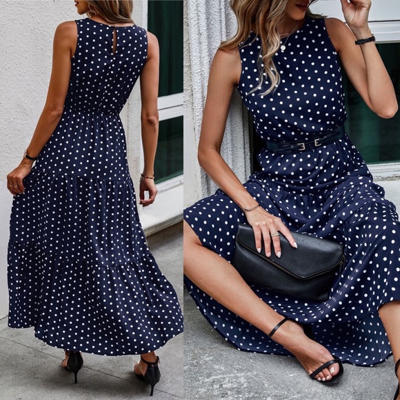🌌 BOHO NAVY SLEEVELESS POLKA DOT MAXI DRESS! (no belt) - Picture 2 of 4